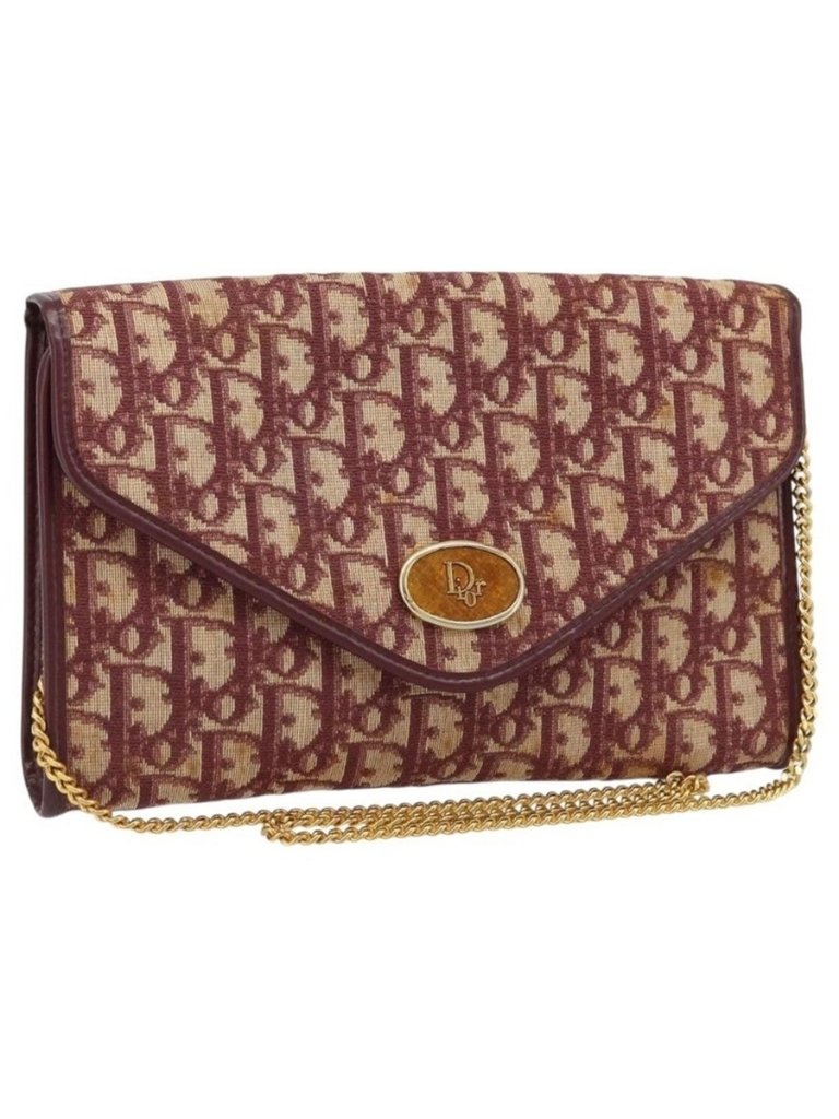 Authentic Christian Dior Trotter Canvas Chain Shoulder Bag Red Gold